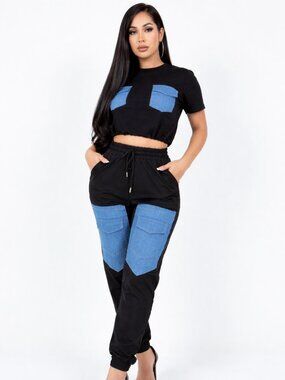 Women' Fashion 2 Pieces Denim Stitching shirt Joggers Pants - Daily Wear (Black)